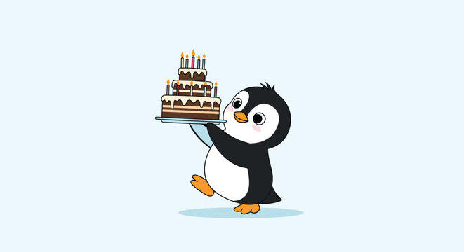 Cute little penguin walking while holding a large three-tiered chocolate birthday cake with lit candles for celebration and party theme.