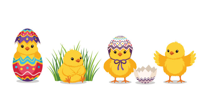 Row of four adorable yellow baby chicks in various stages of hatching from colorful easter eggs and standing in grass for spring theme.
