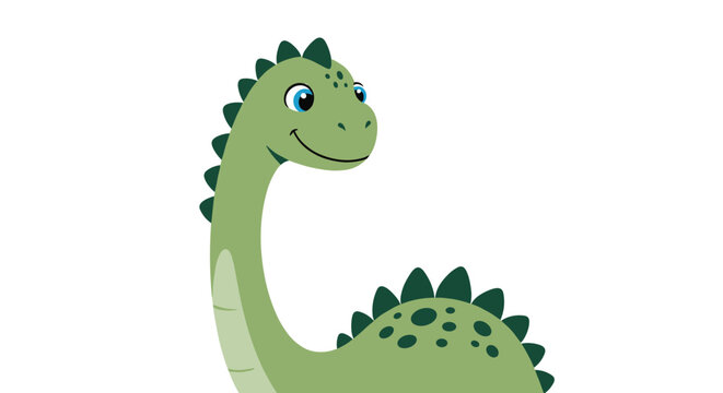 Friendly green dinosaur with a long neck and dark green spikes looks back with a cheerful smile in this simple vector illustration.