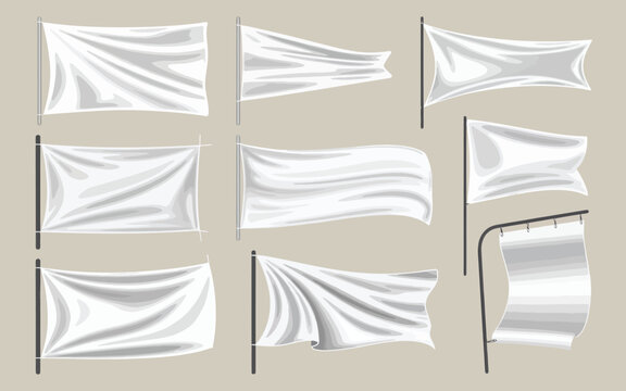 Set of realistic white flags waving on poles with white flag white background flagpole illustration template collection