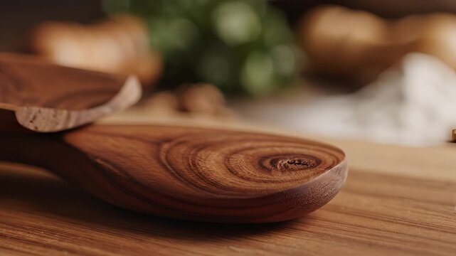 Closeup of a beautifully crafted wooden spoon resting on a wooden surface.
