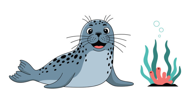 Friendly grey seal with dark spots is sitting in the ocean next to colorful seaweed and bubbles in a charming marine life cartoon illustration art.