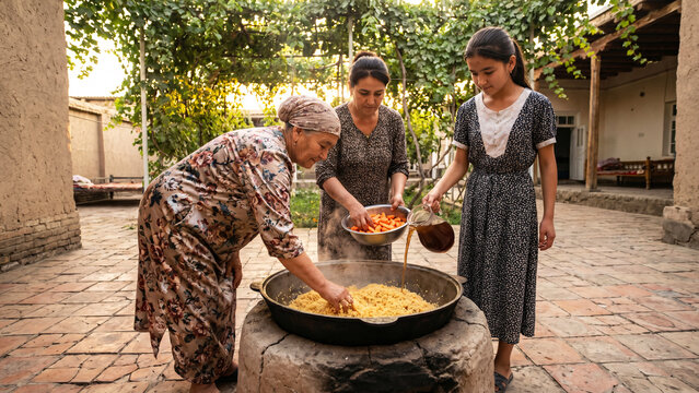 Three Generations of Uzbek Women Cooking Plov Together in Sunlit Courtyard in Old Bukhara, Cast-Iron Kazan, Central Asian Heritage, Cultural Tradition, Family Bond
