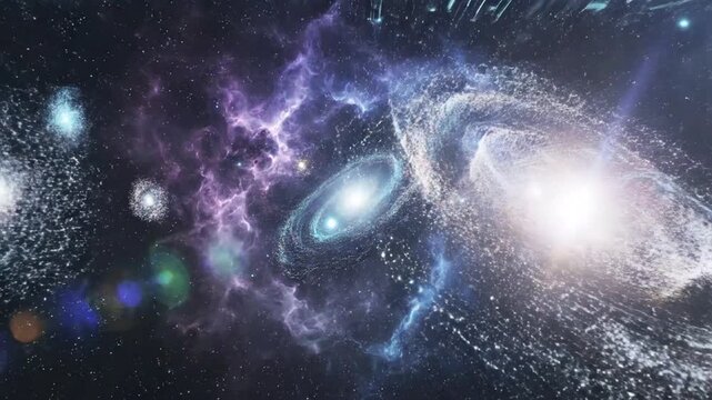 Galaxies swirl through the deep expanse of space with glowing nebulae and bright starlight.