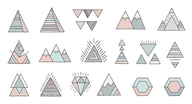 Vector collection of cute hand-drawn triangle shapes and geometric characters featuring various colorful patterns, minimalist doodle line art, and simple decorative design elements.