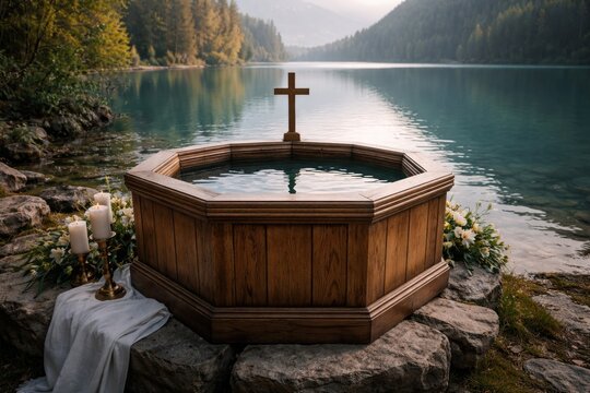 Holy baptism wooden font placed by serene turquoise lake illustrating Christ's cornerstone role