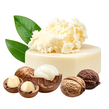 Shea butter block, scoop, leaves, and various nuts