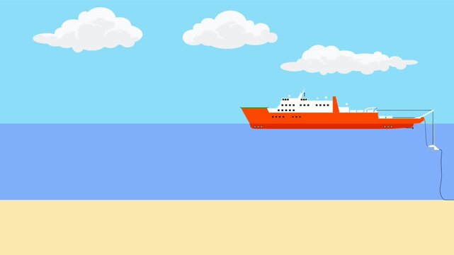 Installation of submarine communication cables. Burying cables on the seabed with a plow. Launching and recovering the plow. Animations for presentations and education.