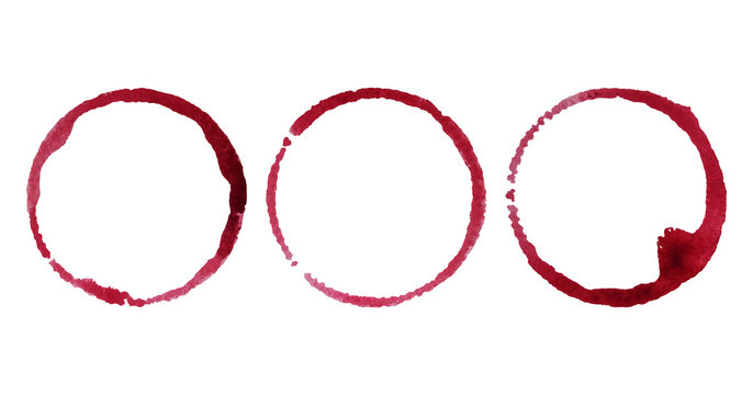 Wine glass stains set. Red circular wine rings and splashes on transparent background. Realistic beverage marks collection for bar or restaurant design, menu decoration.