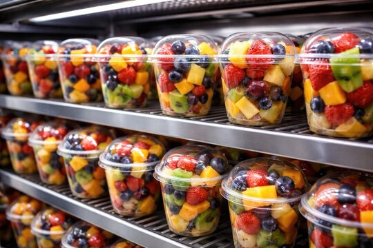 Ready to eat fruit salad cups arranged neatly inside a professional refrigeration unit