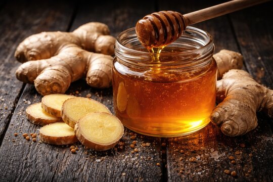 Macro shot of honey and ginger root on rustic black wooden table for cold healing