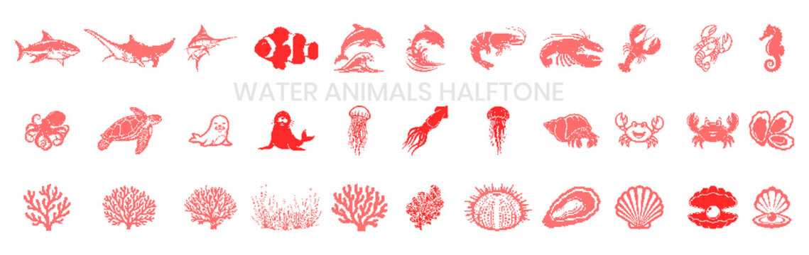 Set of halftone water animals and sea life icons