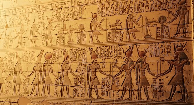 Ancient hieroglyphs on a sunlit wall depict figures and symbols