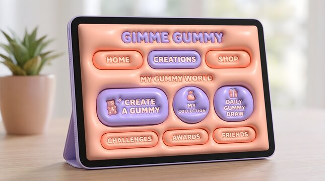 Gimme Gummy Interface: A 3D render of a soft, pillowy user interface layout in "Digital Peach" and lavender, with inflated, rubbery buttons that look touchable.
