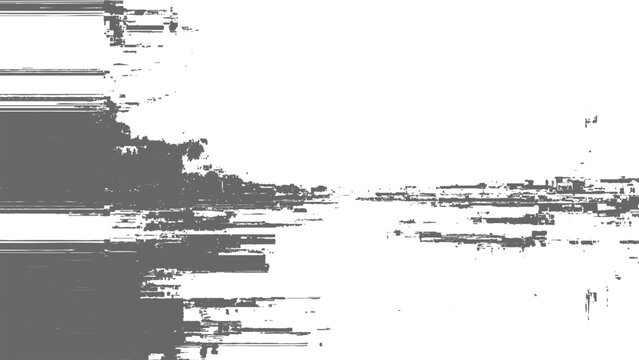 Glitchy screen with distorted digital pixels and horizontal lines on white background