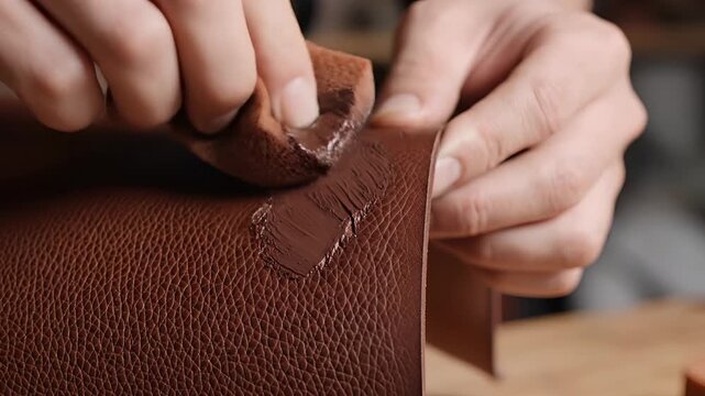 Closeup of hands crafting leather with glue for artisanal work.