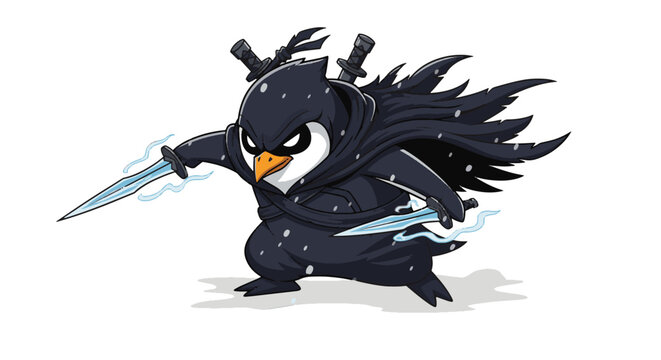 Shadow penguin assassin mascot vector illustration featuring a hooded penguin in a stealthy pose with a dark cloak and sharp weapons, isolated on a white background.