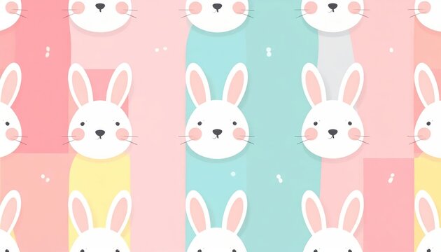 Cute White Bunny Faces Repeating on Pastel Striped Background