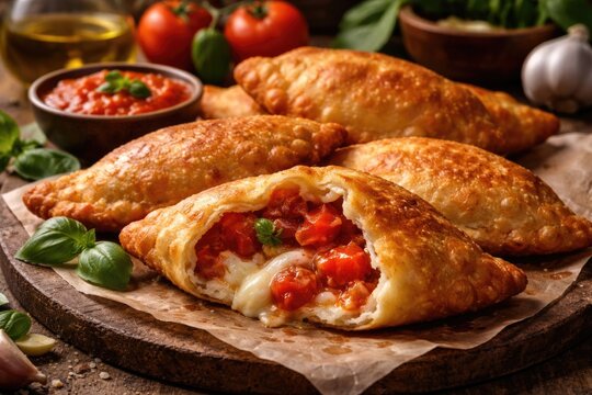 Traditional panzerotti loaded with fresh tomato chunks and soft cheese