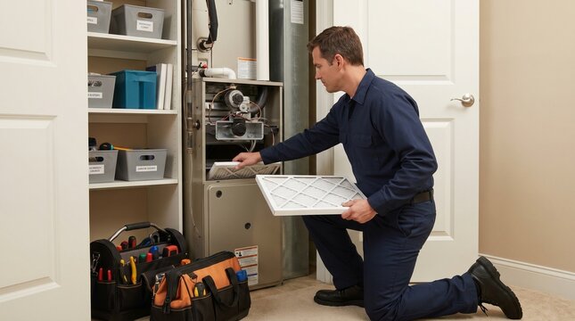 HVAC worker replacing furnace filter, Residential utility closet service, Heating system installation maintenance, Clean home repair scene, Professional technician with tools
