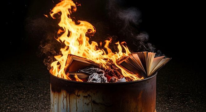 Books burning in a fiery barrel, symbolizing censorship and destruction of knowledge.
