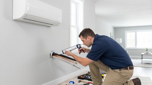 HVAC worker sealing refrigerant line opening, Ductless air conditioner finishing detail, Clean residential installation service, Professional craftsmanship, Copy space