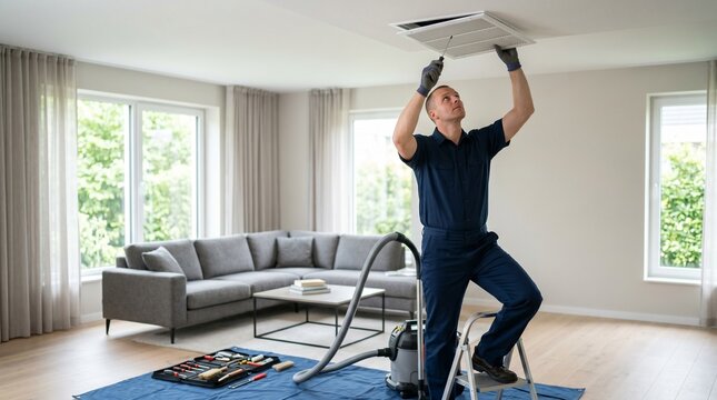 Air duct cleaning worker removing ceiling vent, Residential ventilation service, Clean living room maintenance, Professional home air quality care, Copy space