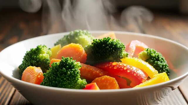 Steaming wholesome light vegetable dish with fresh broccoli carrot bell pepper in white bowl