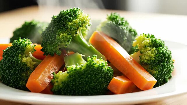 Steamed fresh broccoli and carrot vegetable dish served on white plate healthy wholesome light meal