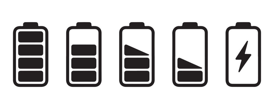 Graphic battery charge level indicators with diagonal segments and charging bolt icon for screen interface.