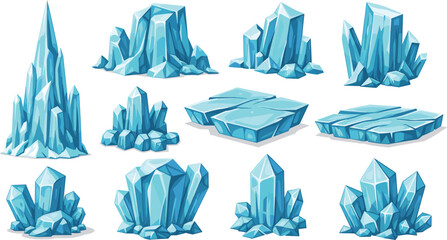Blue Ice Crystal and Iceberg Vector Element Set Featuring Frozen Shards, Glaciers, and Icicles for Winter Game Environment Design Layouts © Fahim