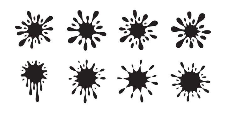 Set of black ink splashes and paint blotches isolated on a transparent background design elements.