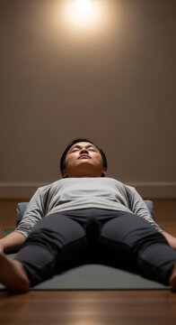 Person experiencing deep relaxation while lying supine with eyes closed under warm overhead illumination