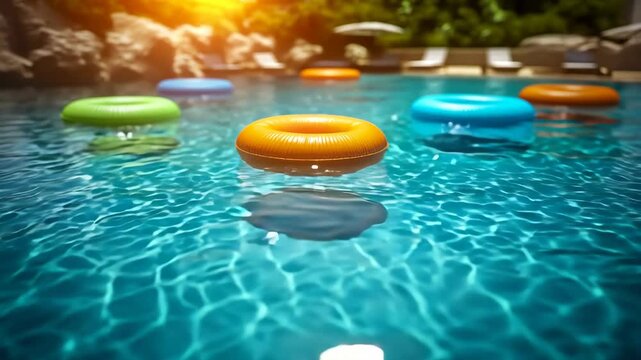 Relaxing Swimming Pool Background with Colorful Floats, a Concept of Summer Vacation and Leisure at a Luxury Resort