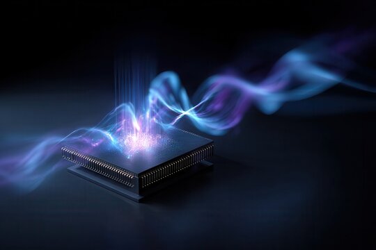 Microchip processing data with glowing energy streams dark background