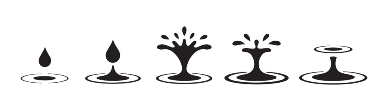 Water drop animation set isolated on transparent background splash ripple waves black silhouettes.