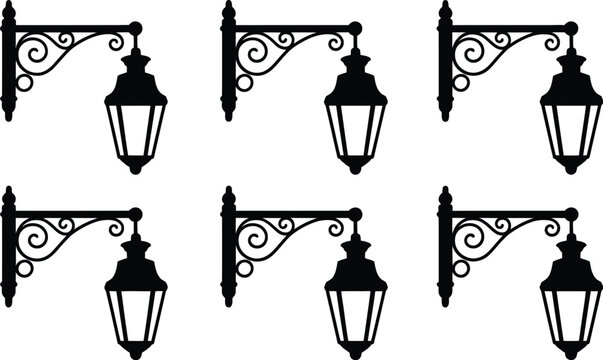 Vintage street lamp vector icons set with black silhouettes of classic forged wall lanterns isolated on white background