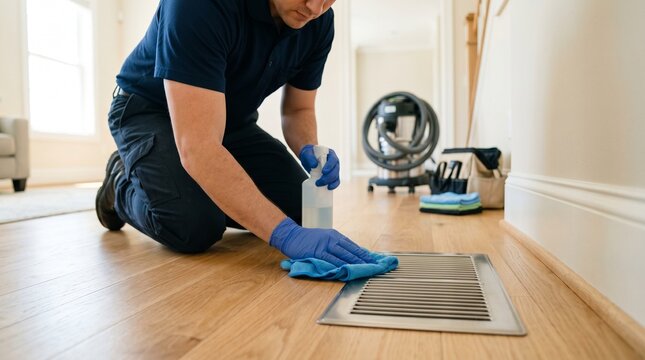 Air duct worker wiping clean floor vent, Final ventilation cleaning detail, Residential hygiene service, Low angle home maintenance image, Clean finish concept