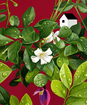 Artistic Digital Illustration of Kamini Flowers and Green Leaves with Raindrops Against a Deep Red Background with a Minimalist House