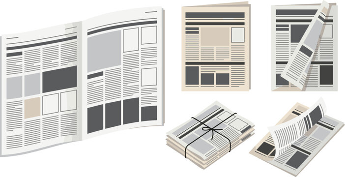 Newspaper Vector Icon Set Featuring Folded Layout, Stacked Daily Journals, and Rolled Print Media for News, Journalism, and Editorial Designs