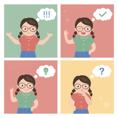 Female character set, little girl showing various emotions and thoughts, including having an idea, asking a question, and giving an okay sign. Children development.