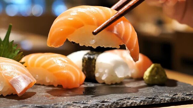 Wholesome light dish fresh salmon sushi nigiri seafood rice held with chopsticks on stone plate