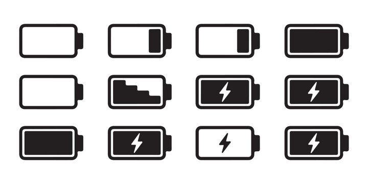 Horizontal battery level icons with lightning bolt charging sign for mobile device status bar interface.