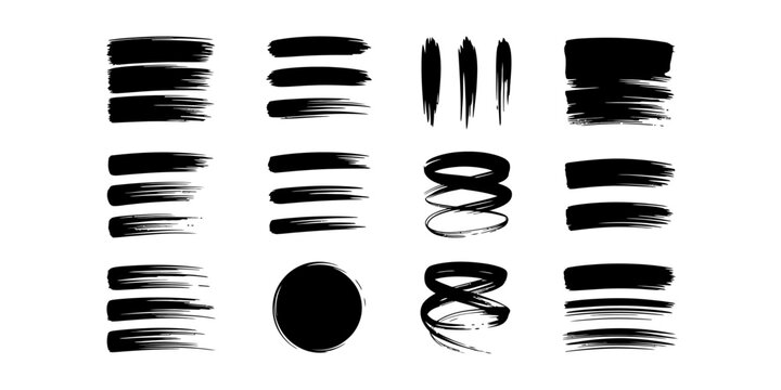 Set of black ink brush strokes and messy paint marks for creative design projects with hand drawn artistic textures and abstract shapes Vector, illustration