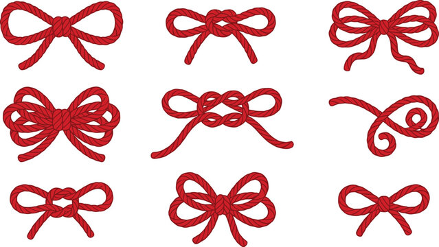 Red Rope Bow Knot Vector Element Set Featuring Various Decorative Cord Ties Loops and Ribbons for Gift Packaging Invitations and Nautical Designs