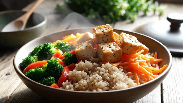 Wholesome light dish with tofu broccoli carrot rice bowl served on wooden table for healthy meal
