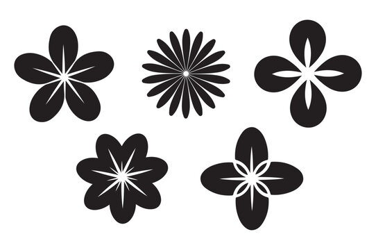 Set of five simple black flower icons with distinct petal shapes for graphic design projects and creative floral patterns