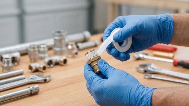 Plumber preparing threaded pipe fitting, Residential plumbing repair close up, Sealing tape application, Organized garage workspace, Selective focus