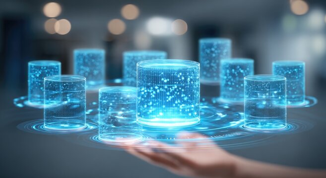 Glowing digital cylinders emerge from a palm in a futuristic, data-centric display