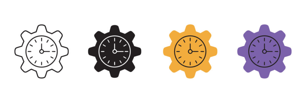 Time Management and Efficiency Optimization Icon Set, clock face inside gear cog wheel productivity scheduling vector illustration isolated white background business icons